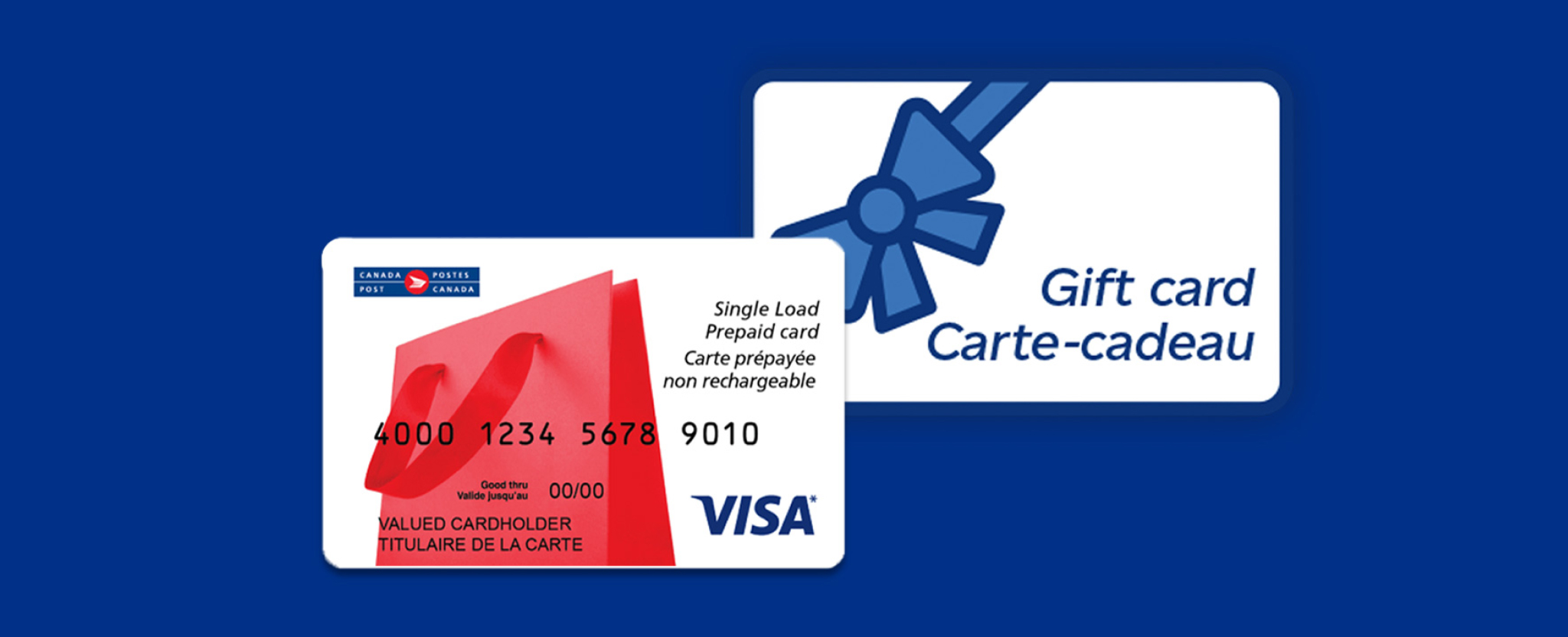 A gift card with an image of a blue bow on it and a Single Load Canada Post Visa Prepaid Card.
